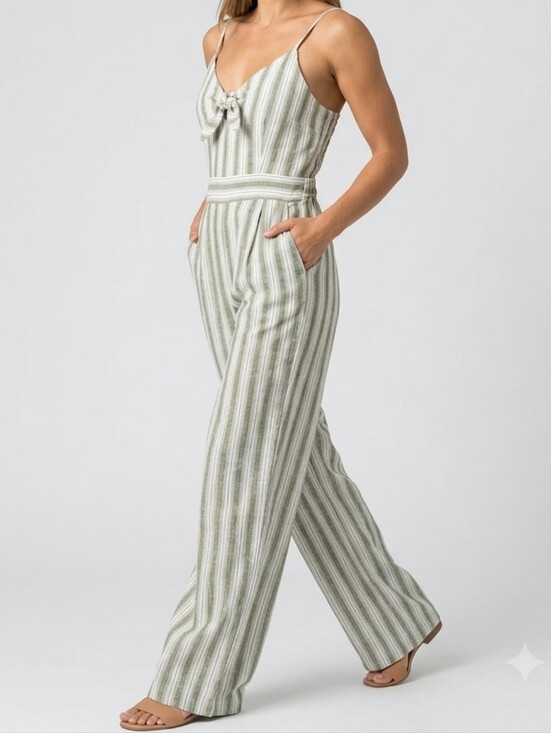 Monteau Pants - Monteau Linen Sleeveless Striped Jumpsuit - Green and White